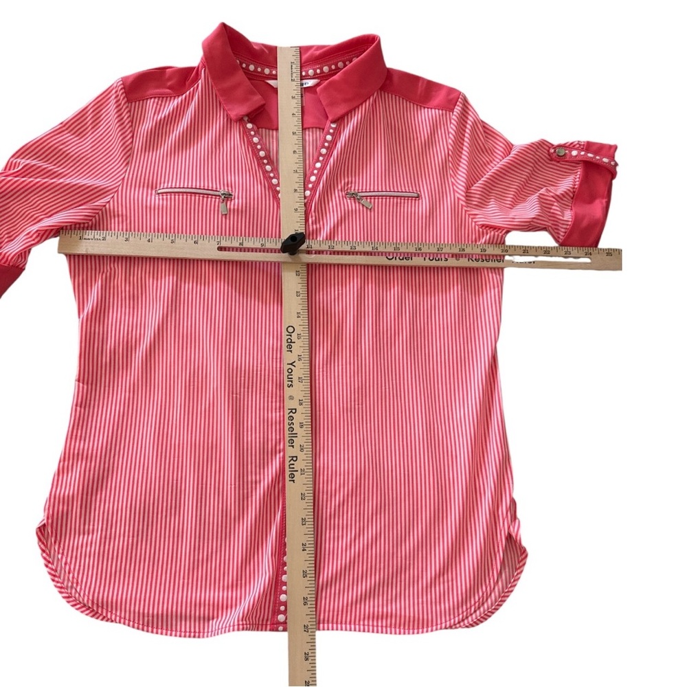 Nygard Top Blouse Tunic Women Petite M Striped Pink White 3/4 Sleeve Stretch - Picture 12 of 14